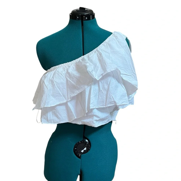 Zara One Shoulder Ruffle White Side Zip Up Crop Top A24 - Picture 1 of 3